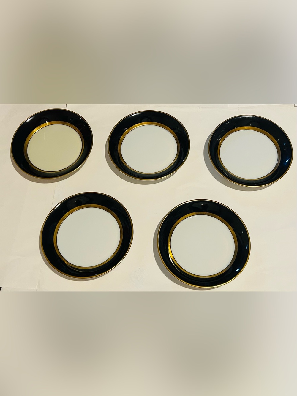 5 Fitz & Floyd Renaissance Round Dishes Gold and Black Bands 5 5/8” Diameter